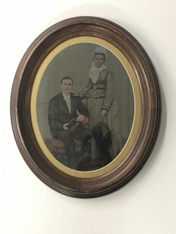 Hand Painted photograph of couple, possibly Wedding photo, he's holding top hat, in period frame,: Hand Painted photograph of couple, possibly Wedding photo, he's holding top hat, in period frame, frame measures 12.5" x 9.5". From the estate collection of Richard G. Miller's 19th & 20th century han