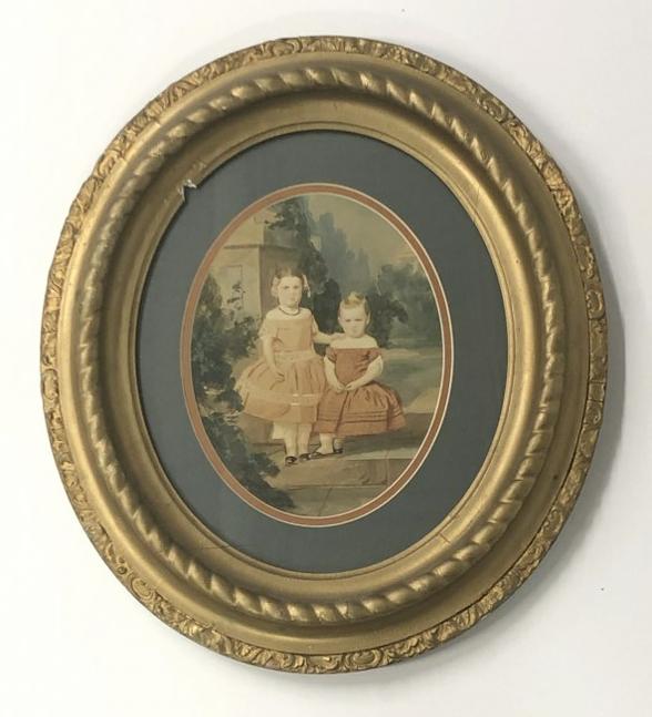 Hand Painted photograph of Brother & Sister seated on steps outside, scenic versodrop, frame of the (1 of 3)