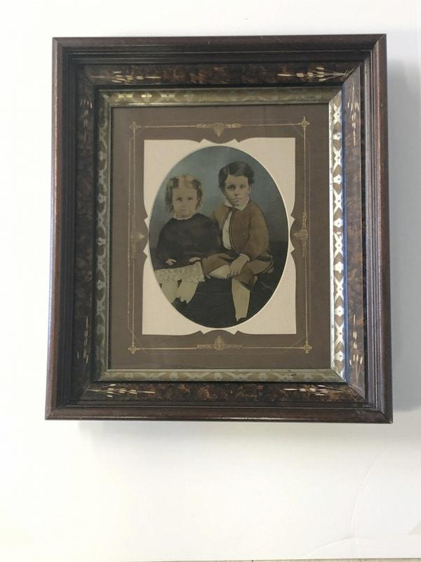 Hand Painted tintype of 2 children, probably Brother & Sister, on studio settee, in period Victorian (1 of 2)