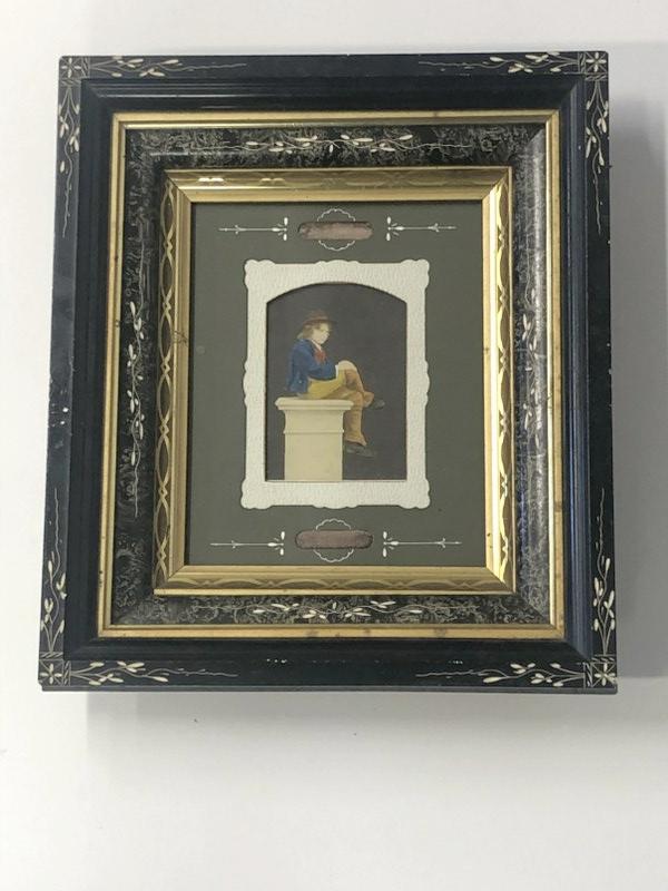 Hand Painted cabinet card young man seated on pedestal, in wonderful period frame, frame measures (1 of 3)