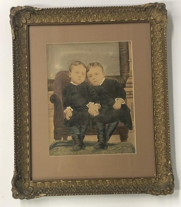 Hand Painted photograph of affectionate siblings holding hands on settee, sealed on verso, frame: Hand Painted photograph of affectionate siblings holding hands on settee, sealed on verso, frame measures 18" x 15". From the estate collection of Richard G. Miller's 19th & 20th century hand painted,