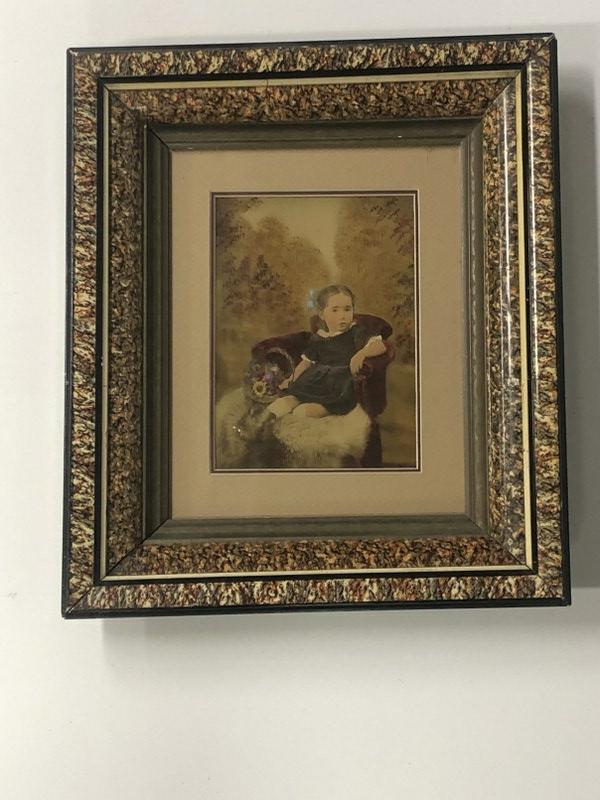 Hand Painted photograph of young girl with flowers on chair, wonderful period frame, frame measures (1 of 2)