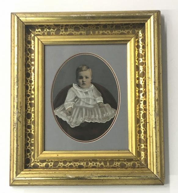 Hand colored tintype of boy in white gown, in period gilt frame, frame measures 15" x 12.5". Sealed (1 of 2)