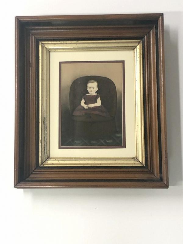 Hand Painted photograph of young boy on Photographers chair, in period walnut Victorian frame, frame (1 of 2)