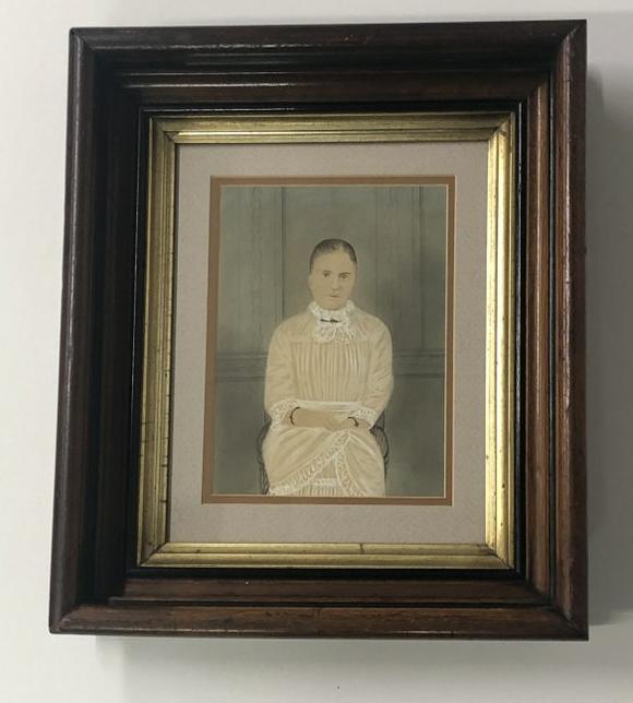 Hand Painted photograph of seated woman, in period Victorian frame, frame measures 14" x 12", sealed (1 of 2)
