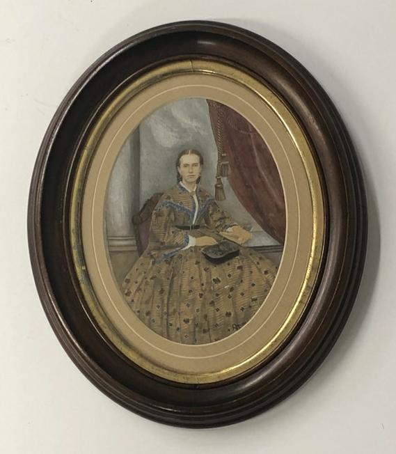 Hand Painted photograph of seated woman,in period Victorian frame, frame measures 12" x 9.5", sealed (1 of 3)