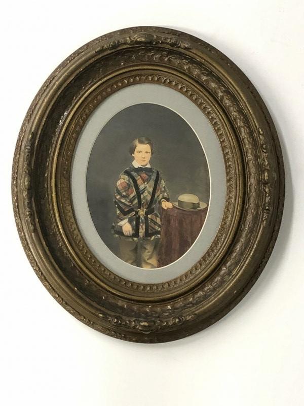 Hand Painted photograph young man with plaid jacket, hat on table, in period frame, frame measures (1 of 2)