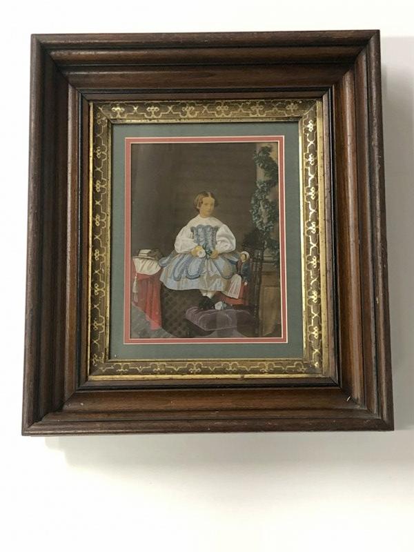 Hand Painted photograph young girl with doll, in beautiful Victorian frame that measures 15" x (1 of 3)