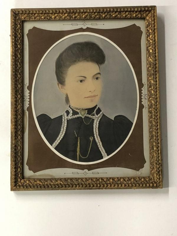 Hand Painted tintype of woman, frame measures 15.5" x 12.5", wood back on verso. From the estate: Hand Painted tintype of woman, frame measures 15.5" x 12.5", wood back on verso. From the estate collection of Richard G. Miller's 19th & 20th century hand painted, coloured & tinted photography.