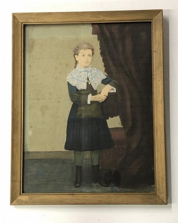 Hand Painted photograph young girl leaning against Photographers chair, frame measures 18" x 14",: Hand Painted photograph young girl leaning against Photographers chair, frame measures 18" x 14", sealed on verso, mild foxing on back wall. From the estate collection of Richard G. Miller's 19th & 20