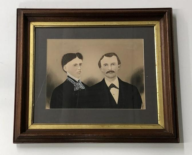 Hand Painted photograph husband & wife, 1870's label on verso, in period frame that measures 15" x (1 of 2)