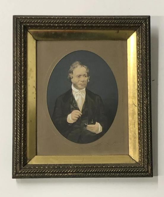 Hand Painted tintype of man with small open box, in period frame that measures 13" x 11", wood back. (1 of 3)