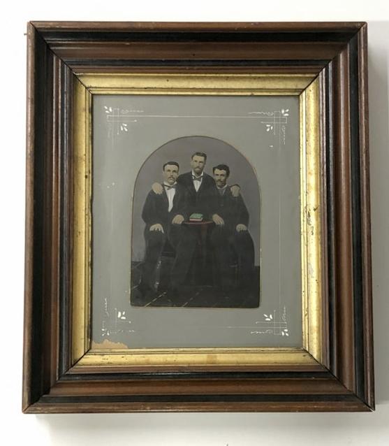 Hand Painted tintype of 3 friends, book on table, in period Victorian frame that measures 17" x 15", (1 of 2)