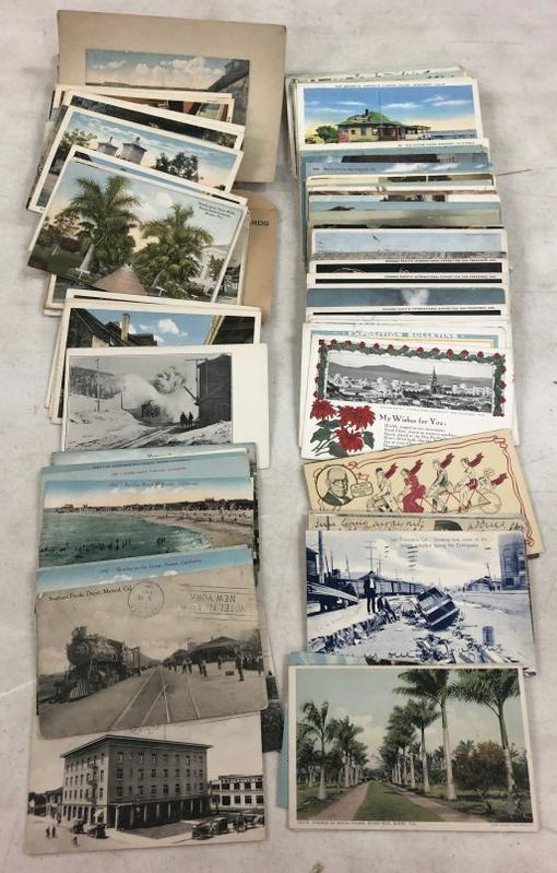 (124) postcards plus postcard folders, most California, some Florida, mostly lithos. (1 of 2)