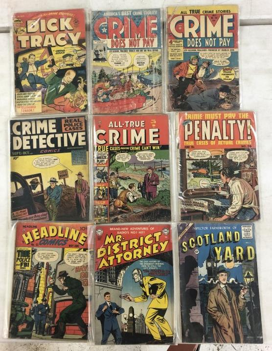 Lot of 9 vintage Crime Comics. Includes: Dick Tracy, No. 56, October, 1952; Crime Does Not Pay, No. (1 of 4)