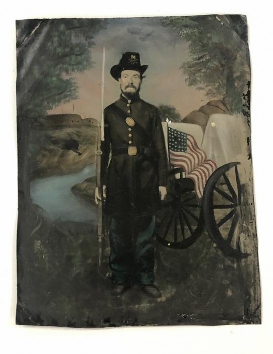 Hand Painted Civi War Soldier tintype with American Flag, measures 8.5" x 6.5".  From the estate (1 of 1)