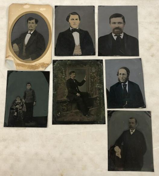 Lot of (7)Hand Painted tintypes of gentleman & (1) of two children, from 8" x 6" to 10" x 8".   From (1 of 3)