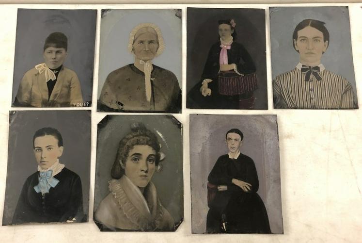 Lot of (7) Hand Painted tintypes of women, all approx. 8.5" x 6.5".   From the estate collection of (1 of 3)