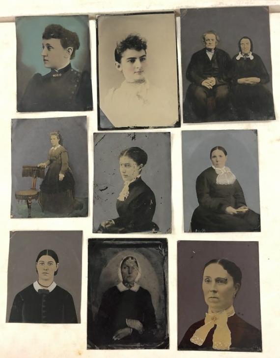 (9) Hand Painted tintypes of women & (1) couple, measure approx. 8" x 6.5" to 10" x 8".   From the (1 of 4)