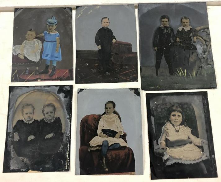 (6) Hand Painted tintypes of children ranging in size from 6" x 8" to 10" x 8".   From the estate (1 of 3)