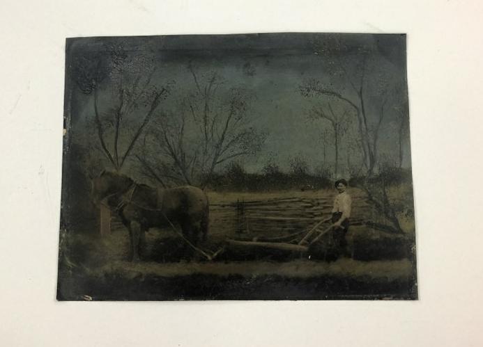 Hand Painted tintype outdoor scene with man with horse drawn plow in field. Image measures 6.5" x (1 of 2)