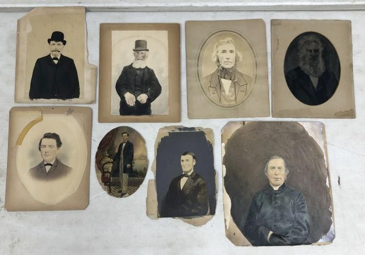 (8) Hand Painted photographs of men, ranging in size from 7" x 5" to 11.75" x 10." From the estate: (8) Hand Painted photographs of men, ranging in size from 7" x 5" to 11.75" x 10." From the estate collection of Richard G. Miller's 19th & 20th century hand painted, coloured & tinted photography.