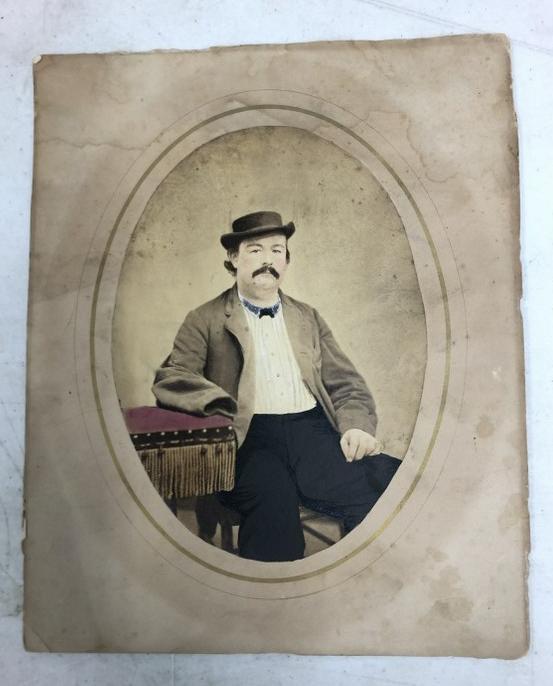Hand Painted photograph of man with one arm, mount measuring 10" x 8." From the estate collection: Hand Painted photograph of man with one arm, mount measuring 10" x 8." From the estate collection of Richard G. Miller's 19th & 20th century hand painted, coloured & tinted photography.
