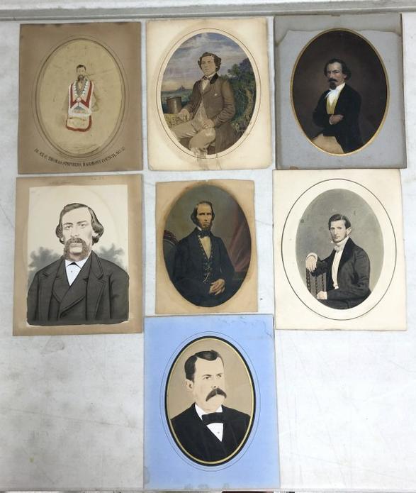 (7) Hand Painted photographs of men, ranging in size from 8.25" x 6.25" to 10" x 8" including a: (7) Hand Painted photographs of men, ranging in size from 8.25" x 6.25" to 10" x 8" including a masonic image by Chas. Taylor, Phila. From the estate collection of Richard G. Miller's 19th & 20th cent