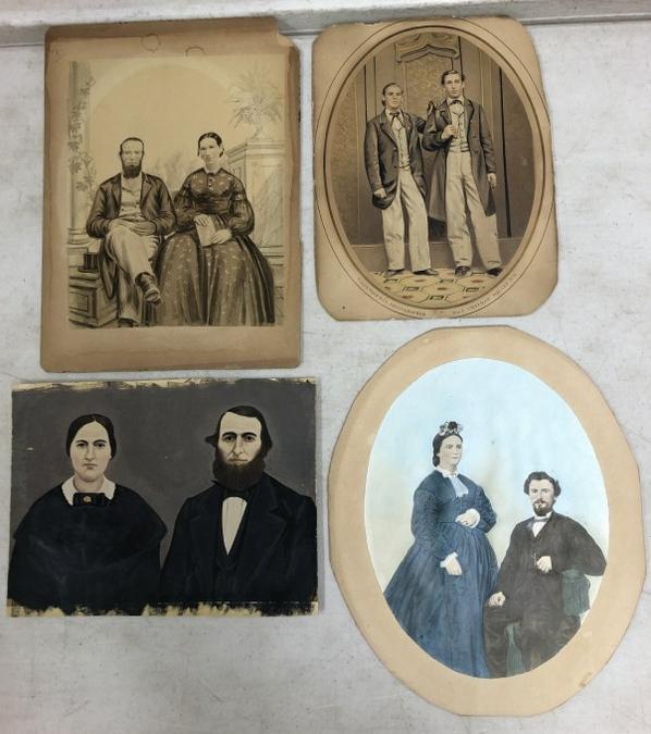(4) Hand Painted photographs, 3 of couples, one of two men, this last one by W.S. Pendleton, NY.: (4) Hand Painted photographs, 3 of couples, one of two men, this last one by W.S. Pendleton, NY. Ranging in size from 6" x 8.25" to 10" x 7." From the estate collection of Richard G. Miller's 19th & 2