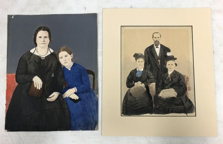 (2) Hand Painted photographs, one of a mother and daughter (13" x 10), the other of two women and a: (2) Hand Painted photographs, one of a mother and daughter (13" x 10), the other of two women and a man (matted, 14" 12"). From the estate collection of Richard G. Miller's 19th & 20th century hand pa