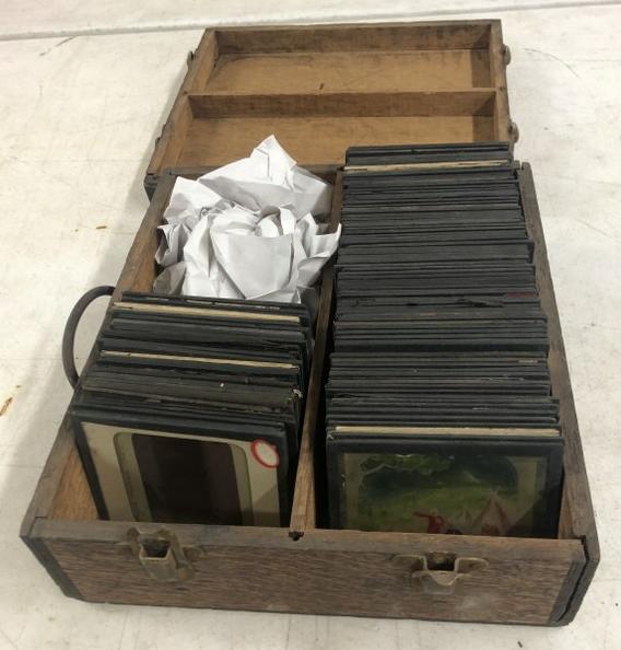 (105) most tinted magic lantern slides in oak box, mixed lot, religious, etc.   From the estate (1 of 10)