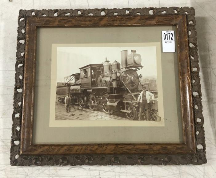 Early black & white photograph of train with Engineers & Conductors in period frame, measures 13" x: Early black & white photograph of train with Engineers & Conductors in period frame, measures 13" x 15". From the estate collection of Richard G. Miller's 19th & 20th century hand painted, coloured & 