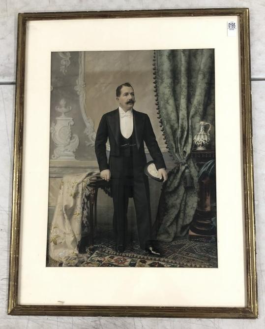 Large Hand Painted photograph of well dressed gentleman holding top hat, from Vienna 1901, frame (1 of 6)