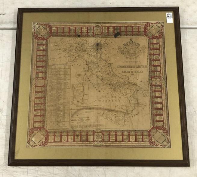 Framed cloth map - Carta Di Mostrativa delle Circoscrizioni Milittari del Regno D'Italia, 1884, (1 of 4)