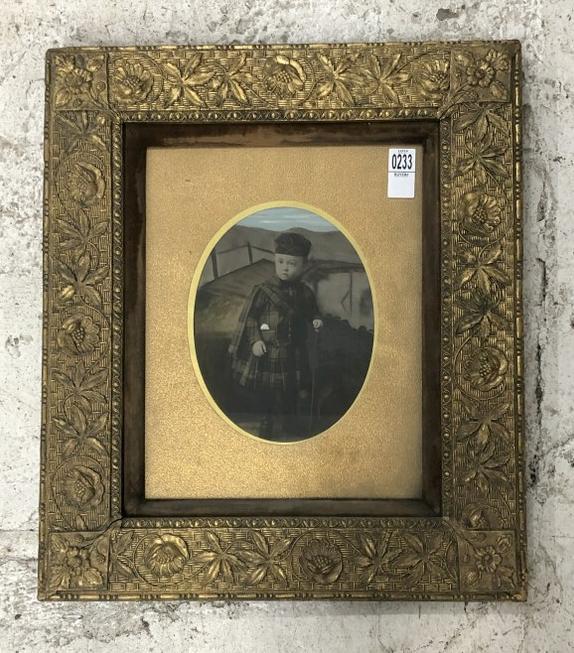 Hand Painted photograph of child in Scottish outfit, beautifully painted, in wonderful period frame: Hand Painted photograph of child in Scottish outfit, beautifully painted, in wonderful period frame that measures 21" x 18". From the estate collection of Richard G. Miller's 19th & 20th century hand 