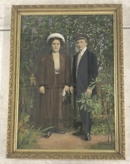 Large Hand Painted portrait of a couple standing with flowers and trees background, in frame of the (1 of 2)