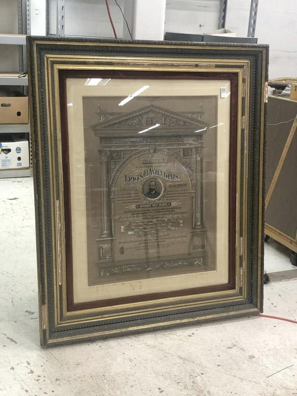 Monumental Hand Colored framed certificate dated 1887, to Lewis H. Williams by the Carpenter's in (1 of 7)