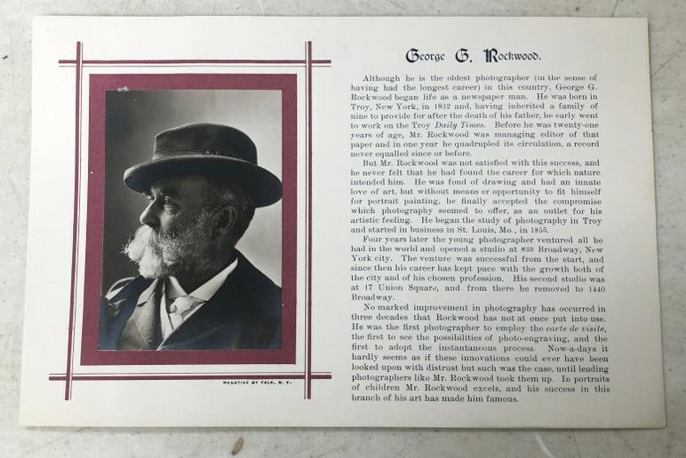 George G. Rookwood photograph & biography, Negative by Falk, N.Y. From estate of photography dealer: George G. Rookwood photograph & biography, Negative by Falk, N.Y. From estate of photography dealer Howard Daitz. Piece measures 6.75" x 10.5".