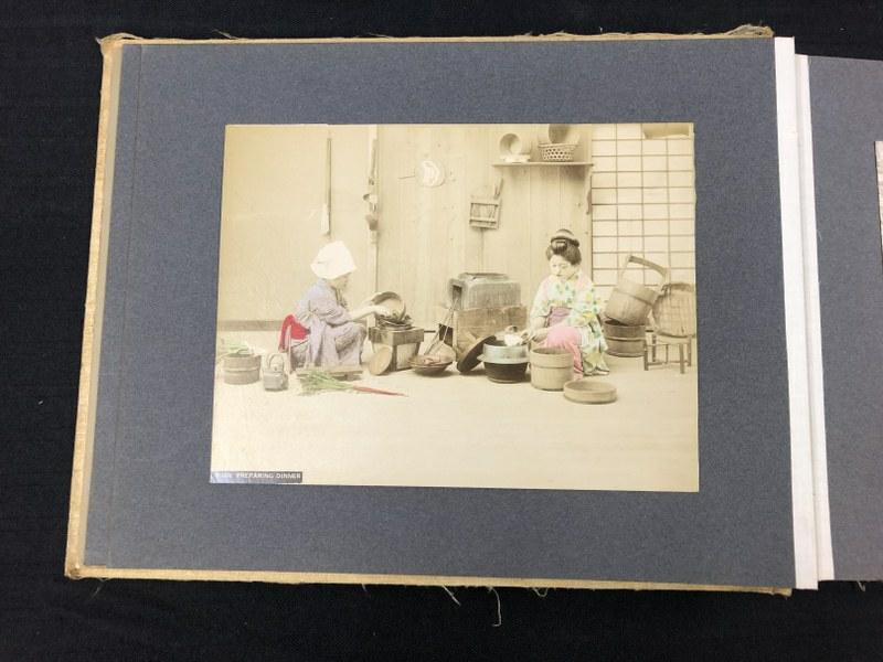 Wonderful Japanese 19th c tinted album containing 37 images, images measure 8.25" x 10.50", and (1 of 18)