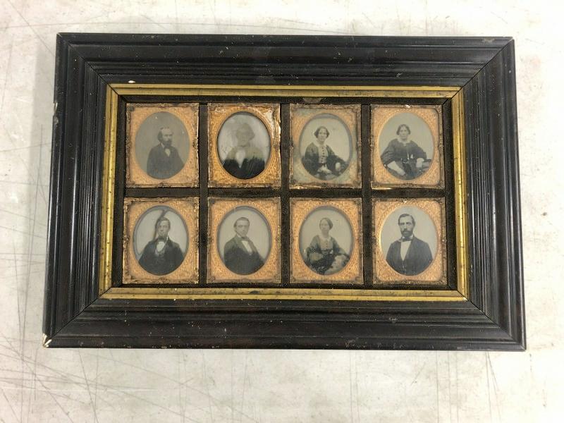 Framed family display with (8) sixth plate ambrotypes, the wood frame measures 11.5" x 16.5". Family: Framed family display with (8) sixth plate ambrotypes, the wood frame measures 11.5" x 16.5". Family portraits of Charles Walker & family from Cambridgeport, Mass. All images have back card of E L Wir