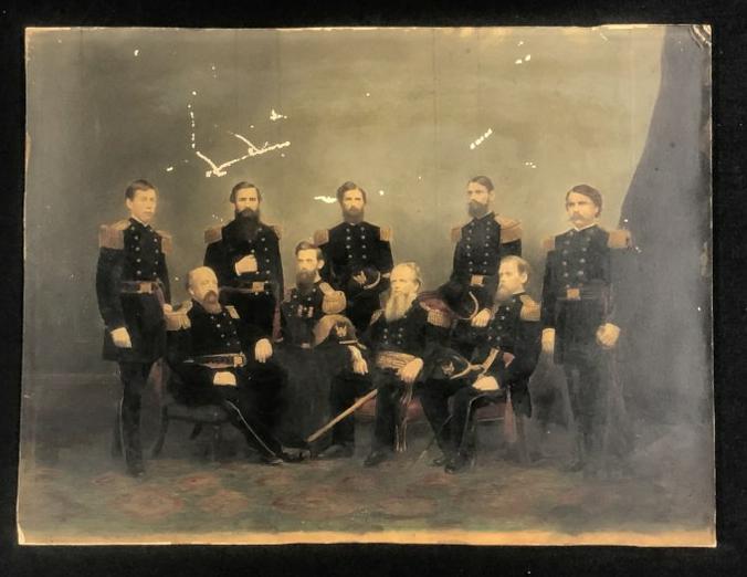 19th c hand painted photograph of Officers in uniform, image has some scuffs above the soldiers (1 of 2)