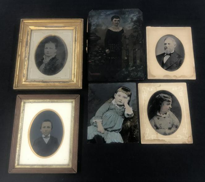 (6) 19th c hand painted tintypes, one of a young girl, tinted of bearded gentleman,  a young adult (1 of 2)