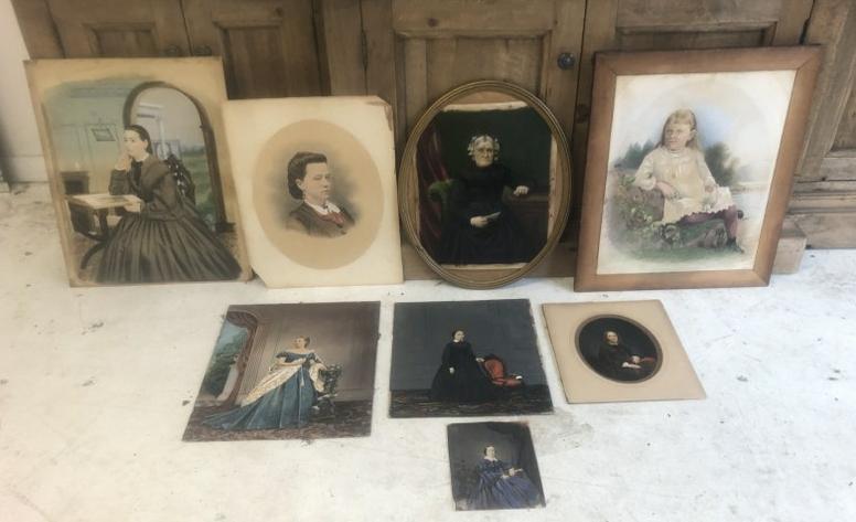 (8) 19th c hand painted photograph portraits of women and (1) of a younger girl, smallest to largest (1 of 10)