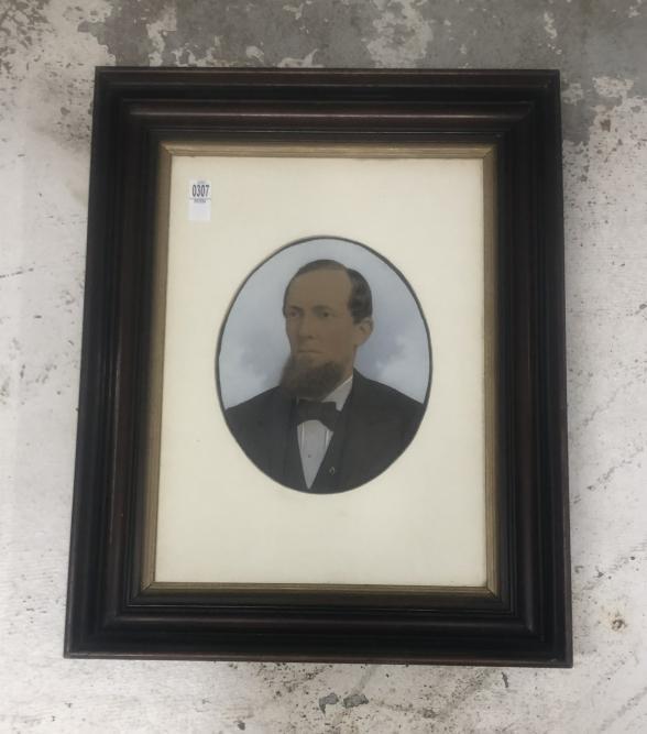 Large hand painted photograph of gentleman in walnut Victorian frame, has Masonic pin on his lapel, (1 of 3)