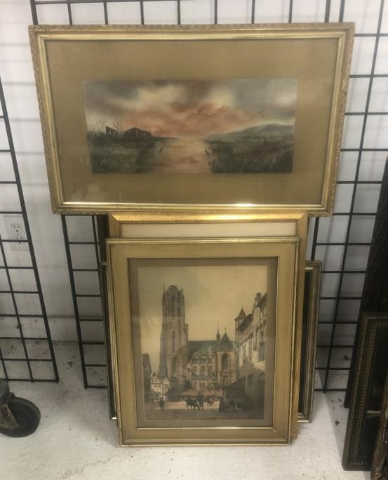 Estate lot of misc. prints, hand colored floral, and pastel landscape, all approx. same size frames, (1 of 5)