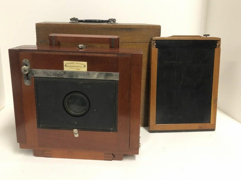 Estate large format camera in case, label reads - NEW MODEL IMPROVED ROCHESTER OPTICAL CO. Appears (1 of 11)