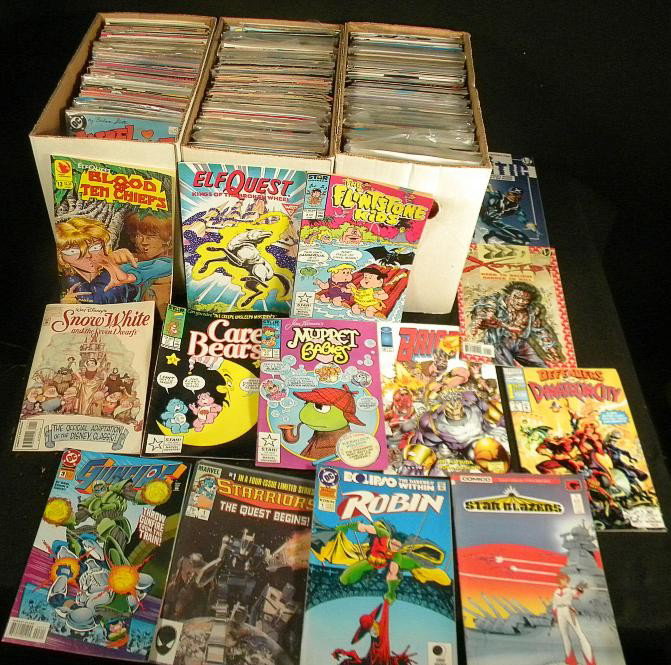3 Boxes of 80s-90s comics, appr 400 comics: 3 Boxes of 80s-90s comics, appr 400 comics. Miscellaneous comics with issues of spectacular Spiderman, JLA, The Twilight Zone, The Toxic Avenger, Star Trek, etc.