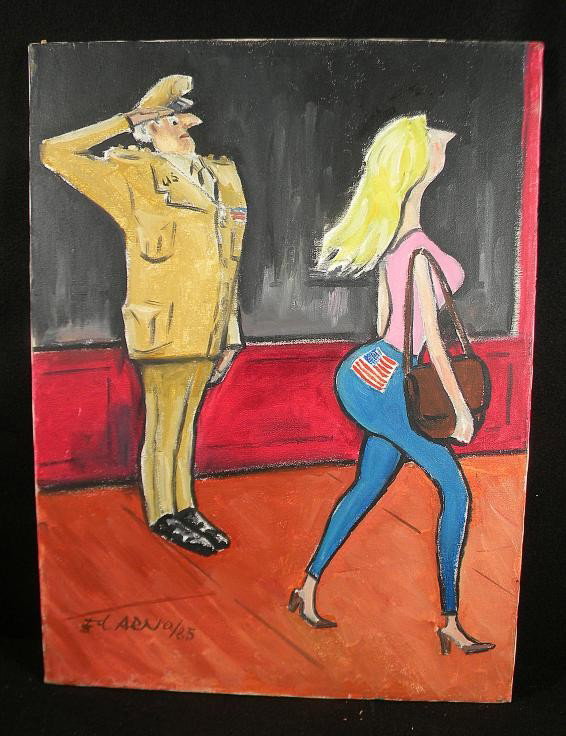 Ed Arno Orig. Cartoon o/c Soldier Saluting Womans R: Original Ed Arno oil on canvass cartoon illustration, probably for New Yorker Magazine, signed and dated 1985. Typical Arno humor saluting American Flag sewn on well proportioned Woman's rear end. Can
