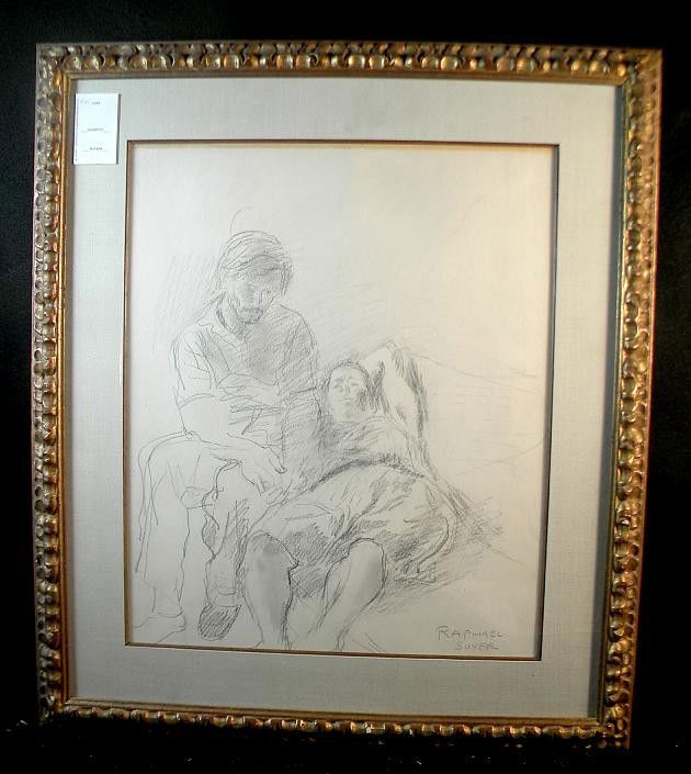 Raphael Soyer Pencil Drawing of Man & Woman: Raphael Soyer Pencil Drawing of Man & Woman, nicely framed and matted, measures 20" x 15". Raphael Soyer and his identical twin brother, Moses, were born in Borisoglebsk, Tambov, a southern province o
