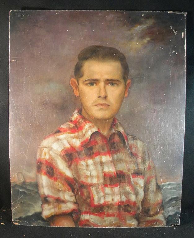 Carl Fuchs (b 1929) 1951 Self Portrait As Young Ma: Carl Fuchs oil on wood panel self portrait, done in 1951, signed and dated upper left. Measures 30" x 24", some minor paint scuffs. Carl Fuchs biography - After High School studied part time at the Ar
